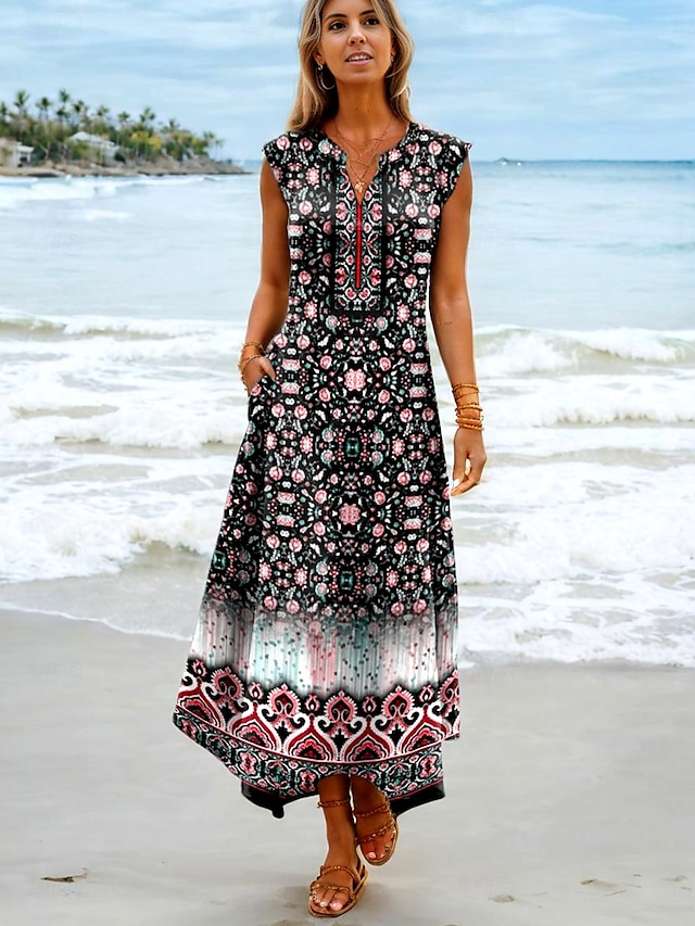  Damen Maxikleid Sommerkleid A Linie Kleid Urlaub Boho Strand Party Strand Standard Passform Ombre Blumen Grafik Ärmellos V Ausschnitt Schwarz Sommer Frühling