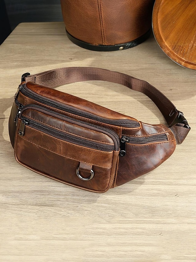  Men's Vintage Leather Sling Bag Fanny pack– Crossbody Chest Pack with Multiple Zipper Pockets, Adjustable Strap, Stylish Travel & Everyday Waist Bag Black Brown