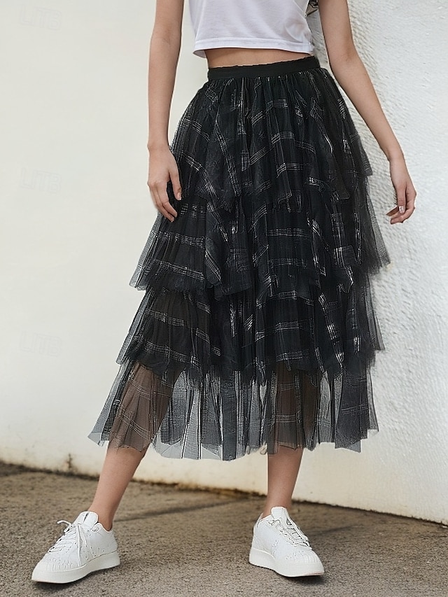  Mujer Talla Asiática Falda a cuadros Faldas de gasa Moda Estilo lindo Midi Alta cintura Faldas Cuadros A Cuadros Plisado Retazos Multi capa Microelástico Festivos Casual Diario Negro Azul Piscina