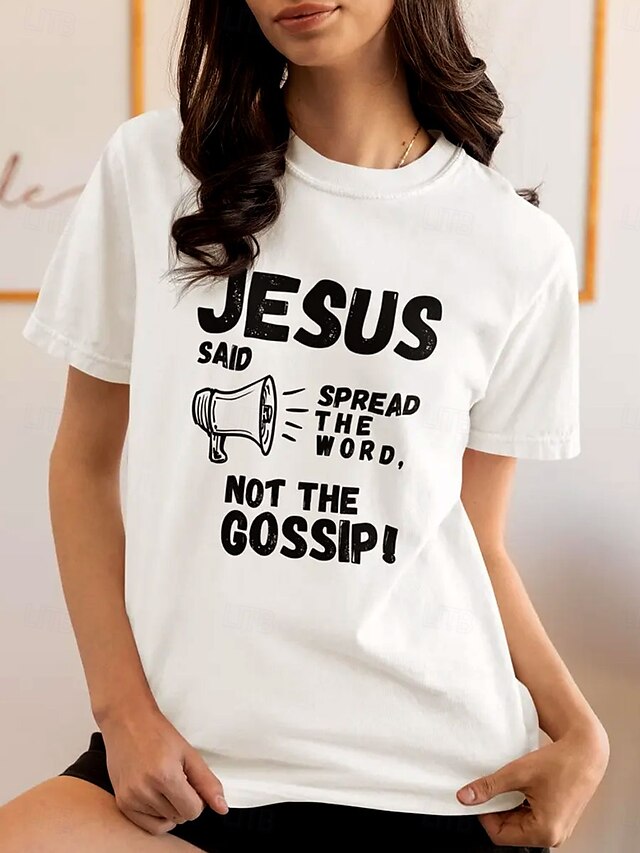  Women's T Shirt Graphic Letter Stylish Casual Short Sleeve Round Neck Regular Tops Daily Weekend Print White Summer Spring