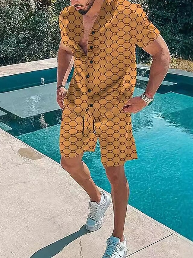  Hombre Estampado 2 piezas Conjuntos de camisas Camisa Manga Corta Pantalones cortos Cuello Vuelto Vacaciones Casual Casual Ropa de vacaciones Impresión 3D Verano Rojo rubí Negro Amarillo