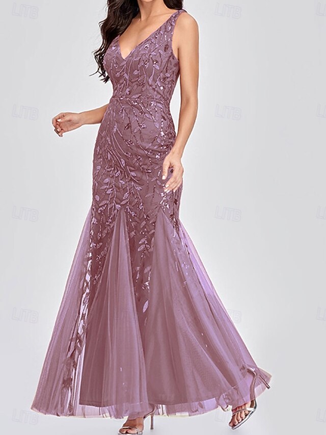  Abiti per ospiti di matrimonio Sirena  Tromba Abito elegante Ospite di matrimonio Lunghezza Piena Senza maniche V Neck Pizzo con Applicazioni