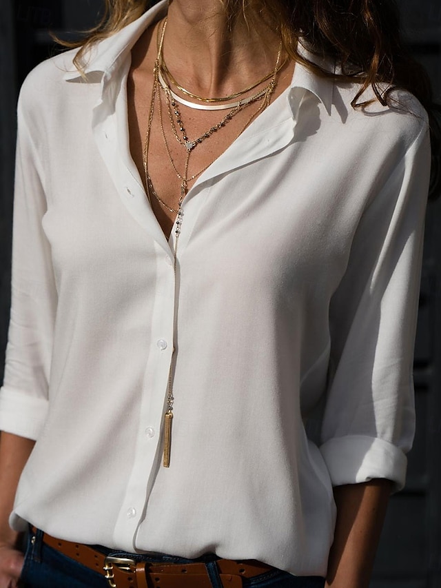  Women's Shirt Solid Color Stylish Basic Casual Long Sleeve Shirt Collar Regular Tops Work Daily Buttons Black White Yellow Light Blue Summer Spring