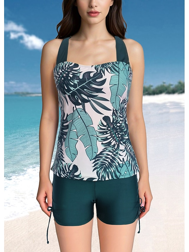  Mulheres Roupa de Banho 2 partes Calção roupa de banho Frente Única Geométrico Férias Roupa de Praia Gráfico Folhas Scoop pescoço Sem Manga Fatos de banho