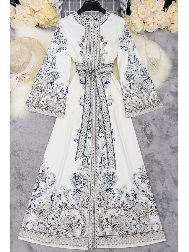  Per donna Abito Midi Abito Boho Moda Moderno All'aperto Ferie Uscire Vestibilità regolare Fiore Manica Lunga Girocollo Bianco Estate