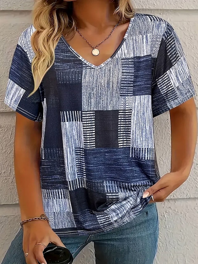  Femmes T-shirt Graphique Géométrique Géométrie ancien Mode Occasionnel manche longue Col en V Hauts Réguliers Quotidien Sports Sortir Imprimé Bleu Poudré Été Printemps