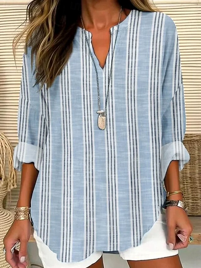 Women's Blouse Tunic V Neck Long Sleeve Boho Casual Cotton Linen Graphic Striped Regular Tops Daily Buttons Print Light Blue4