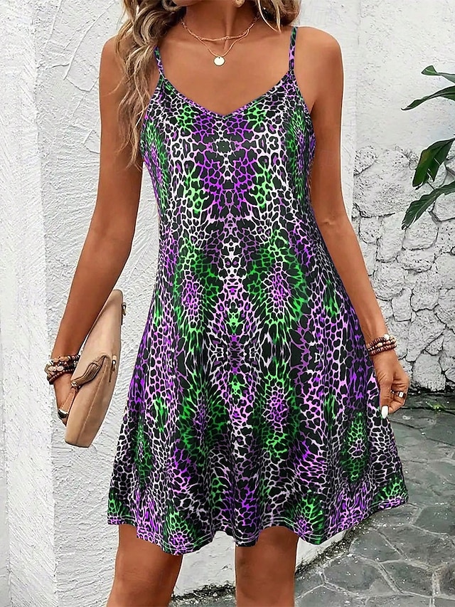  Dam Mini klänning A linjeklänning Slipklänning Off Shoulder Klänning Semester Ledigt Semester Dagligen Normal Grafisk Leopard Ärmlös V-hals Kungsblå Blå Purpur Grön Sommar