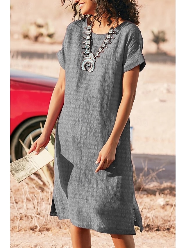  Femmes Robe Midi Robe Décontractée Robe en coton et lin Mode Moderne Extérieur Sortir Week-end Coupe régulière Uni Manche Courte Col ras du cou Noir Blanche Rouge Gris Été