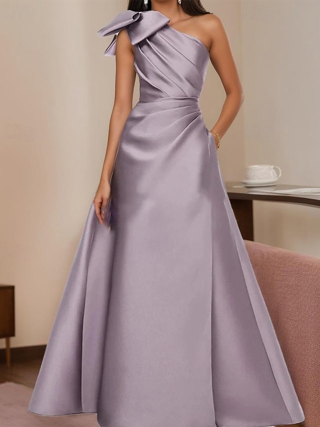  Vestido de Festa à Noite em A-Line Vestido Elegante Formal de Festa à Noite Comprimento de Chão Sem Mangas Um Ombro Satin com Laço(s) e Pregas