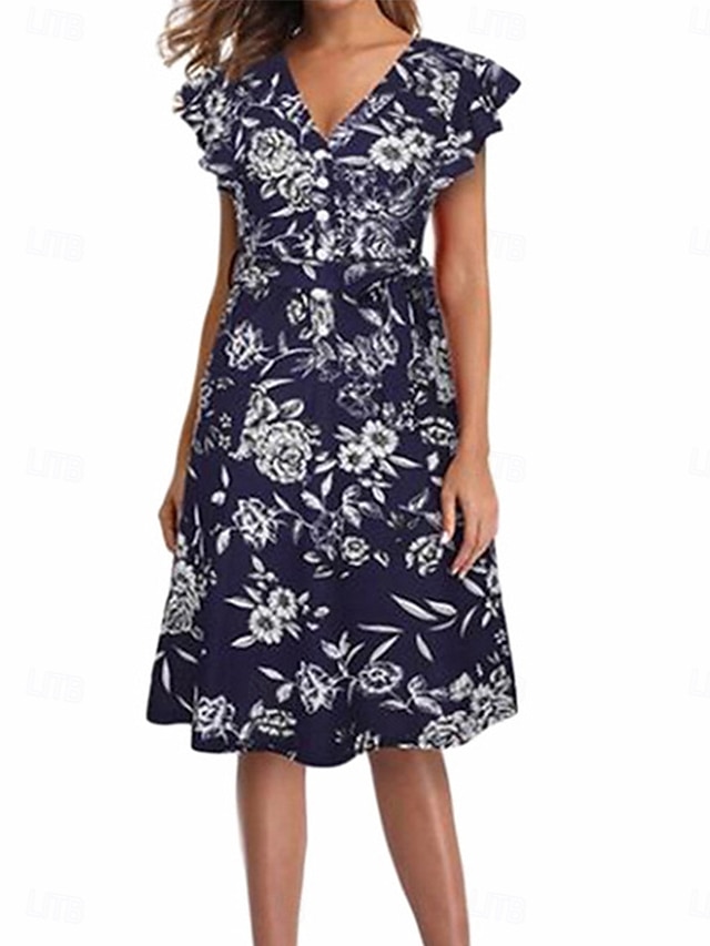  Femmes Robe Midi Robe ajustée et évasée Élégant ancien Coupe régulière Vintage Manche Courte Col en V Noir Bleu de minuit Été Printemps