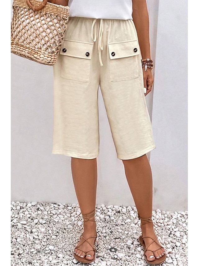  Femmes Pantalon en coton et lin Slacks Mi-long Occasionnel Longueur Genou Naturel Uni Avec Poches Conception à cordon élastique Confortable Extérieur Tenue quotidienne Sortir Ocre Abricot Bleu ciel