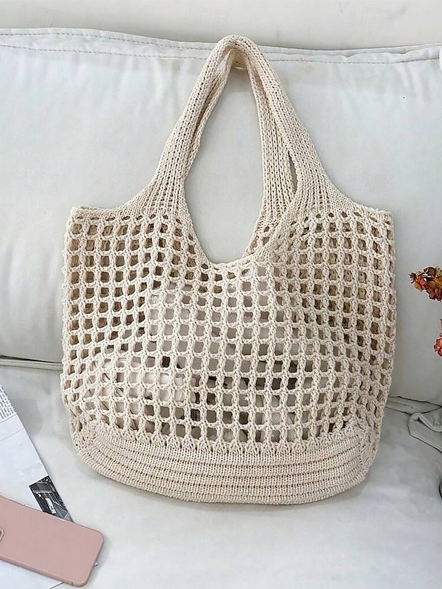  Handmade Crochet Mesh Tote Bag – Lightweight & Eco-Friendly Beach Shoulder Bag, Boho Style, Reusable Shopping Bag for Women, Summer Vacation & Daily Use