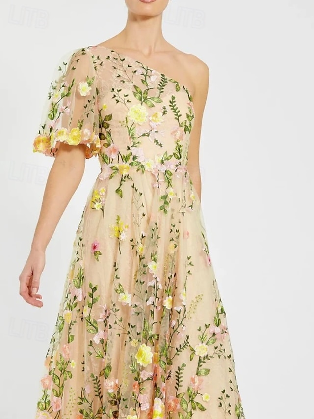  Blumengesticktes A-Linie Kleid Mutter der Braut Kleid Elegant Vintage Ein-Schulter Knöchellang Tüll Kurzarm mit Blume Hochzeitsgastkleid