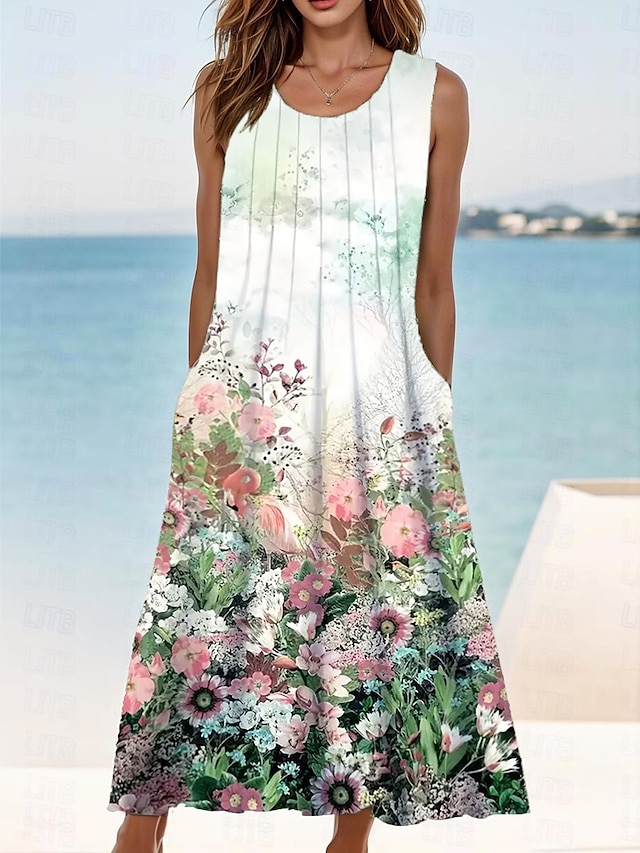  Damen Midikleid Trägerkleid Sommerkleid Faltenkleid Elegant Urlaub Boho Urlaub Täglich Strand Normale Passform Ombre Blumen Grafik Ärmellos Rundhalsausschnitt Hellgrün Sommer Frühling