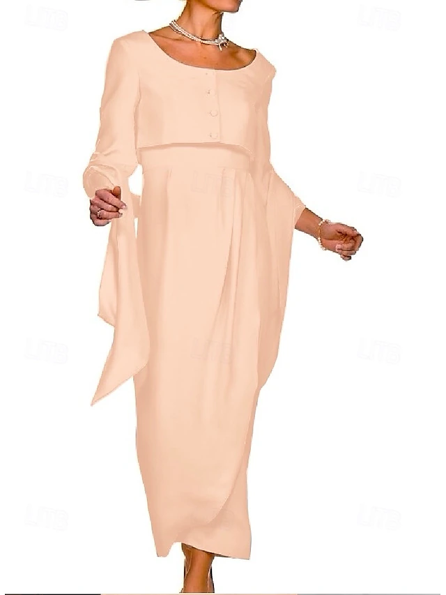 Two Piece Sheath Mother of the Bride Dress Wedding Guest Elegant Square Neck Ankle Length Stretch Fabric Sleeveless Short Jacket Dresses with Buttons Pleats Race Day Dress 8