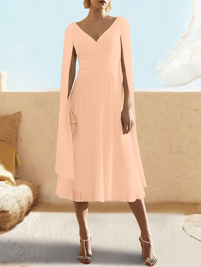 A-Line Cocktail Dresses Party Dress Wedding Knee Length Short Sleeve V Neck Chiffon with
