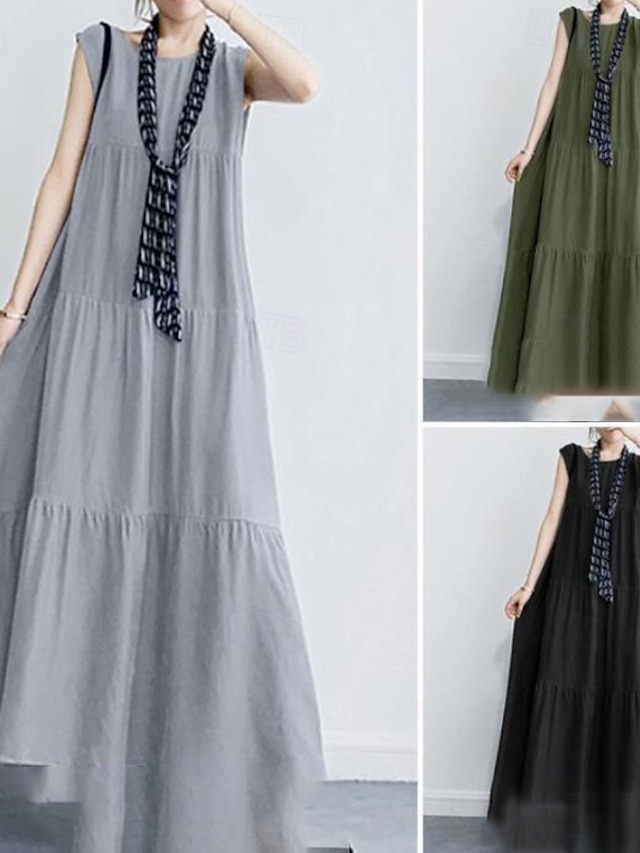  Femmes Robe Longue Maxi Robe Robes inspirées du lin Robe Décontractée Mode Classique Moderne Vacances Sortir Week-end Coupe régulière Uni Sans manches Col ras du cou Noir Vert Gris Été