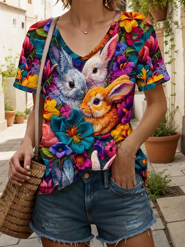  イースター 女性用 ブラウス フラワー グラフィック 動物 カジュアル 半袖 Ｖネック レギュラートップス 日常 プリント レインボー 夏 春