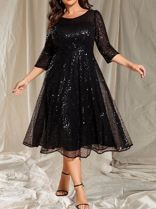  Robe d'invité de mariage A-Line élégante longueur thé à manches 3/4 col rond automne invité de mariage sequins avec paillettes