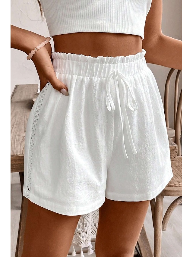  Women's Linen-Inspired Shorts Shorts Slacks Streetwear Casual Short Natural Plain Pocket Elastic Drawstring Design Comfy Comfortable Outdoor Vacation White Summer Regular Fit