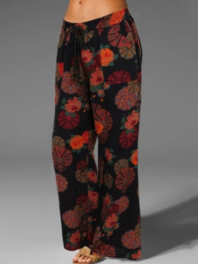  Mulheres Calças de linho de algodão Calças Calça Palazzo Moda Roupa de rua Comprimento total Natural Floral Estampado Design de cordão elástico Confortável Exterior Rua Roupa Diária Para Noite