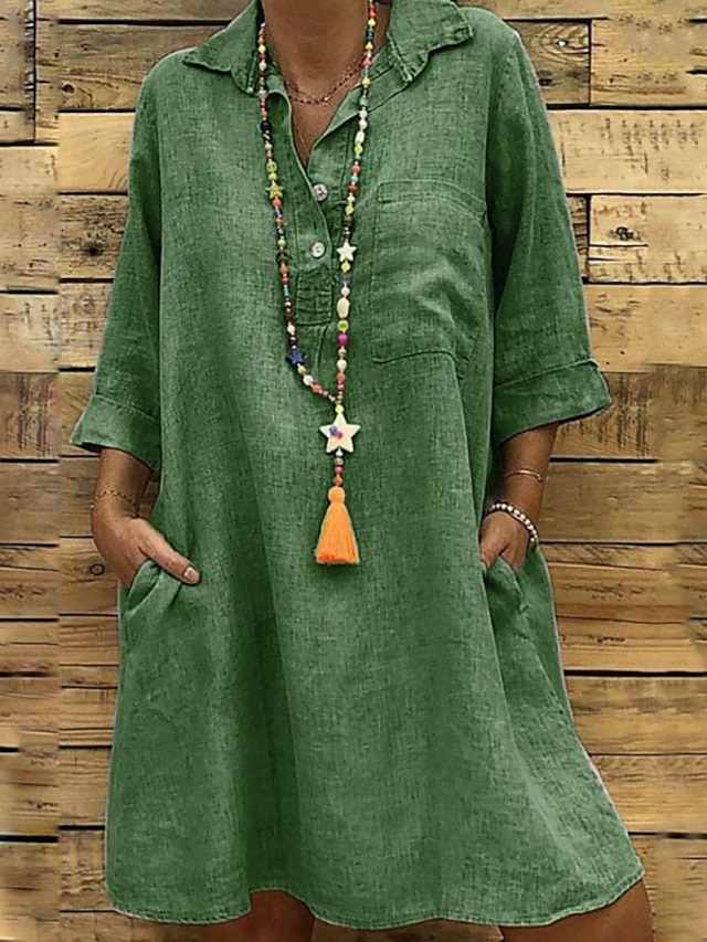  Per donna Mini Abito Abiti ispirati al lino Abito in cotone e lino Classico Quotidiano Ferie Uscire Vestibilità regolare Semplice Manica 3/4 Colletto a Camicia Nero Verde Cachi Grigio Estate