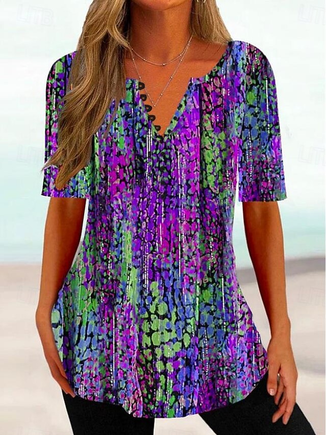Women's T Shirt Ombre Floral Basic Short Sleeve Round Neck Regular Tops Daily Going out Weekend Buttons Print Blue Purple Fuchsia Summer Spring4
