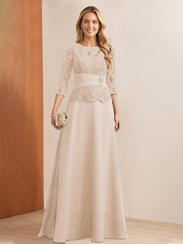  A-Line Šaty pro matku nevěsty Elegantní Párty Náhrdelník Délka k podlaze Chiffon Krajka 3/4 Délka Rukáv s Krajkovými Appliques 2025