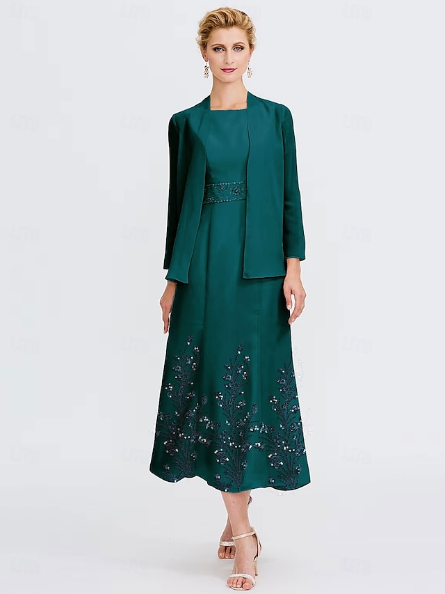  Zweiteiliges A-Linien Kleid Anzug Brautmutter Kleid Elegantes Juwel-Ausschnitt Tee-Länge Chiffon 3/4-Länge Ärmel Jacken Kleider mit Pailletten