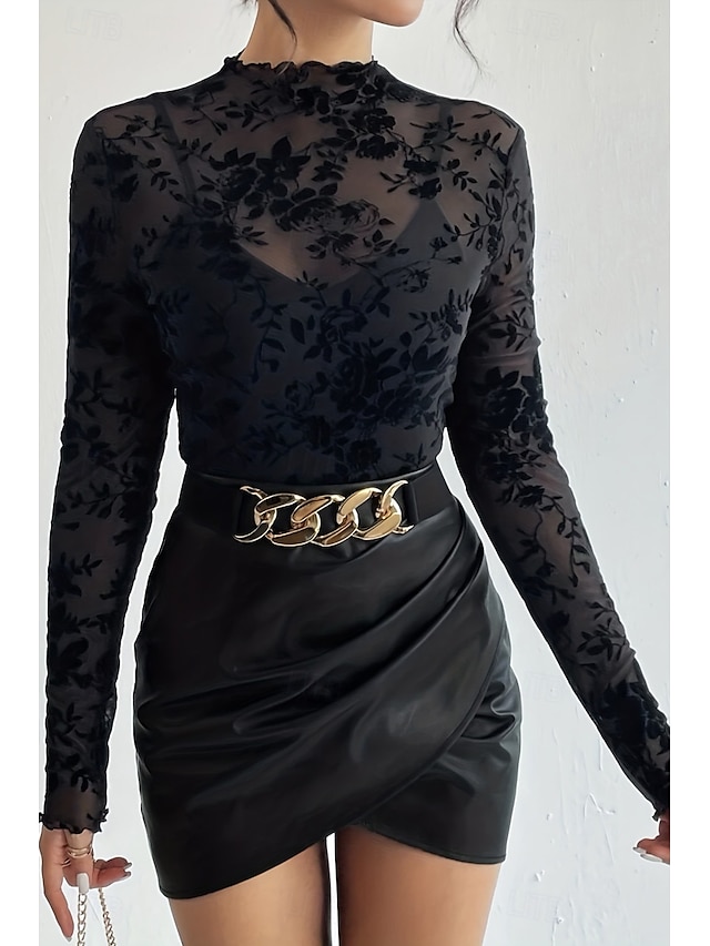  Femme Chemisier Plein mode manche longue Col Haut Hauts réguliers Vacances Sortie Maille Noir bleu marine Eté