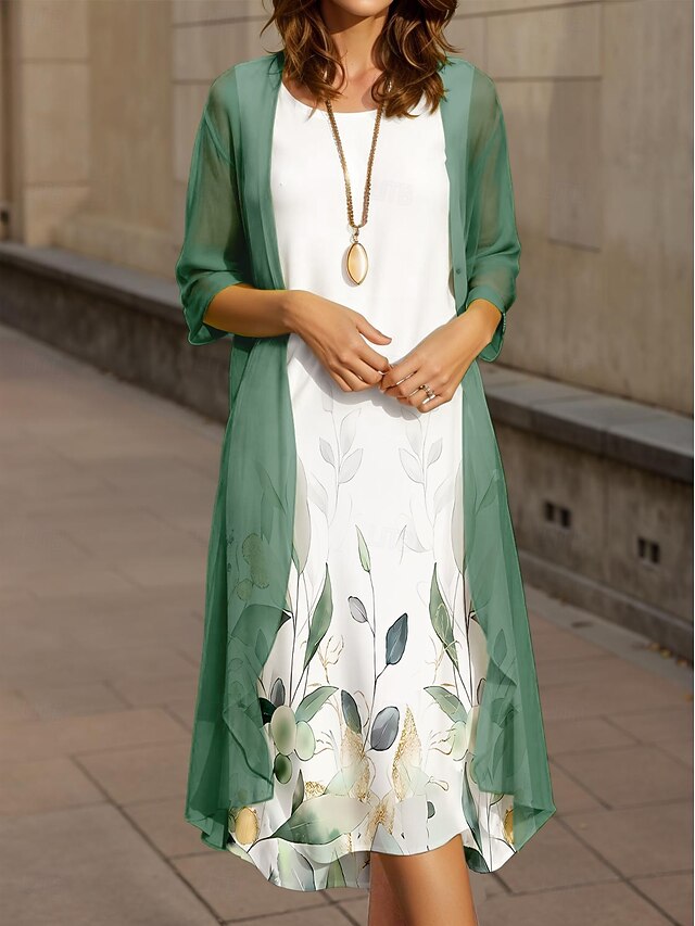 Women's Graduation Midi Dress 2 Pieces Dress Set A Line Dress Summer Dress Vacation Casual Floral Graphic Pleated Print Half Sleeve Crew Neck Vacation Daily Army Green Spring Fall Loose Fit4
