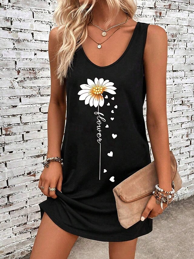 Women's Mini Dress A Line Dress Summer Dress Off The Shoulder Dress Vacation Casual Daily Loose Fit Floral Graphic Sunflower Sleeveless U Neck Black Summer4