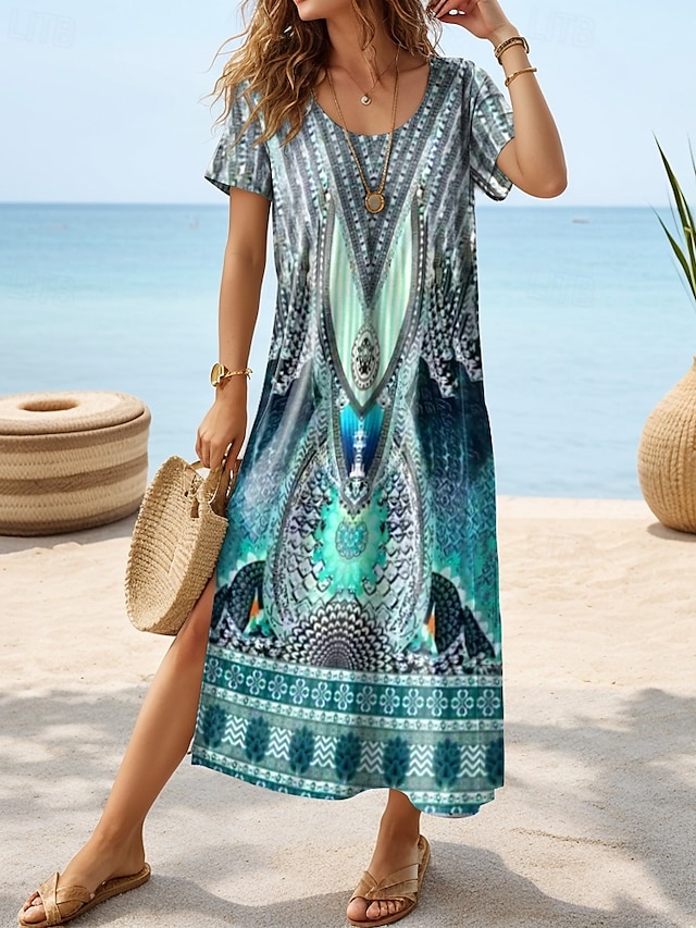  Damskie Sukienka midi Sukienka letnia Sukienka A line Urlop Codzienny Boho Motylkowy Urlop Plaża Regularny Graficzny Geometryczny W Tureckie Wzory Krótki rękaw Wycięcie pod szyją Biały Żółty