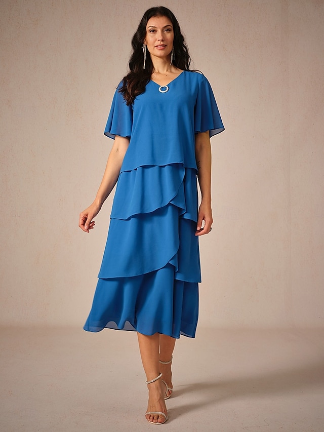  Damen Knielanges Kleid Chiffonkleid Elegant Stilvoll Fließend Hochzeit Hochzeitsgast Lässiger Schnitt Einfarbig Kurzarm V Ausschnitt Königliches Blau Sommer Frühling