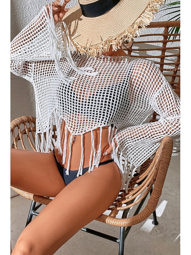 Women's Blouse Plain Modern Casual Long Sleeve Crew Neck Regular Tops Daily Holiday Going out Hollow Out Fringe Black White Green Summer