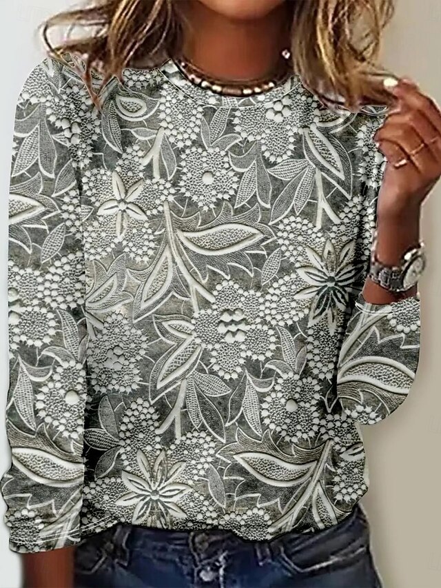 Women's T Shirt Floral Fashion Modern Long Sleeve Crew Neck Regular Tops Daily Print Black Blue Gray Summer4