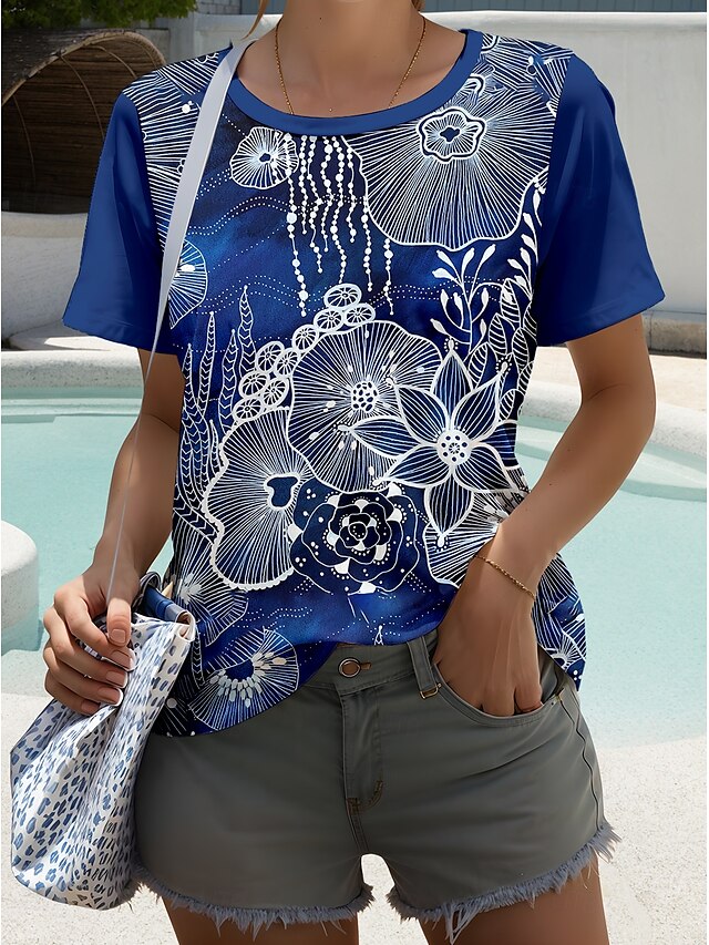  Dam T-shirt Blommig Grafisk Stylish Ledigt Kortärmad Rund hals Vanliga toppar Dagligen Helgen Mönster Marinblå Sommar Vår