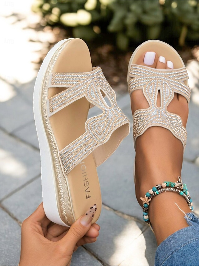  Women's Rhinestone Wedge Sandals – Elegant Slip-On Platform Slides for Summer, Beach, and Casual Outings