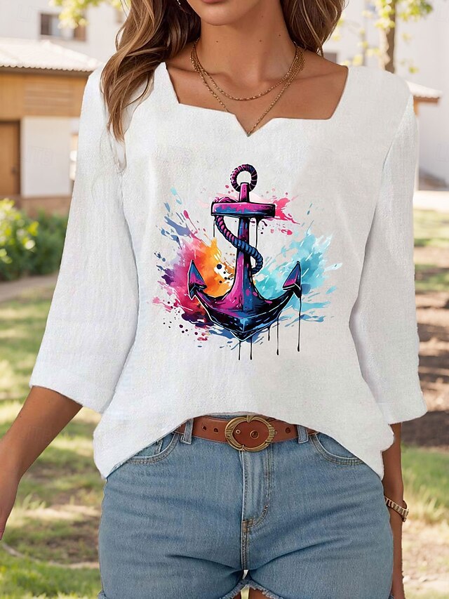  Women's Blouse Graphic Graffiti Elegant Linen Like 3/4 Length Sleeve Notched Neck Regular Tops Daily Going out Print White Summer