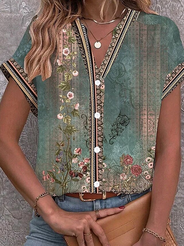 Women's Blouse V Neck Button Down Blouse Floral Graphic Vintage Stylish Ethnic Short Sleeve Notched Neck Regular Tops Daily Buttons Print Sage Green Summer Spring4