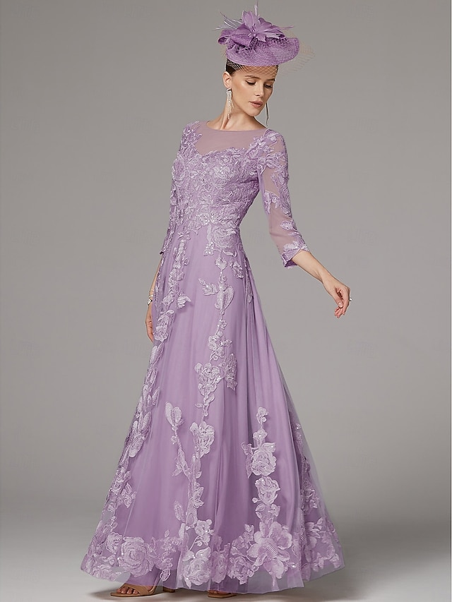 Trendy A-Line Boat Neck Long Sleeve Zipper Up Floor-Length Mother of the Bride Dress