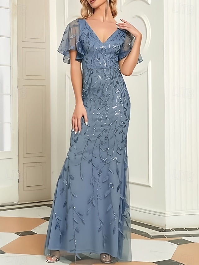  Meerjungfrauenschnitt Brautmutterkleid Hochzeitsgast Elegant V Ausschnitt Bodenlang Spitze Kurzarm mit Spitze 2025