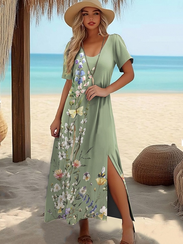 Vestido Maxi de Mujeres Vestido de Camiseta Vestido de Tee Vestido de Playa Vestido de Cambio Vestido de Verano Elegante Bohemio Tropical Vacaciones Fiesta Holiday Corte Regular Gráfico Vintage