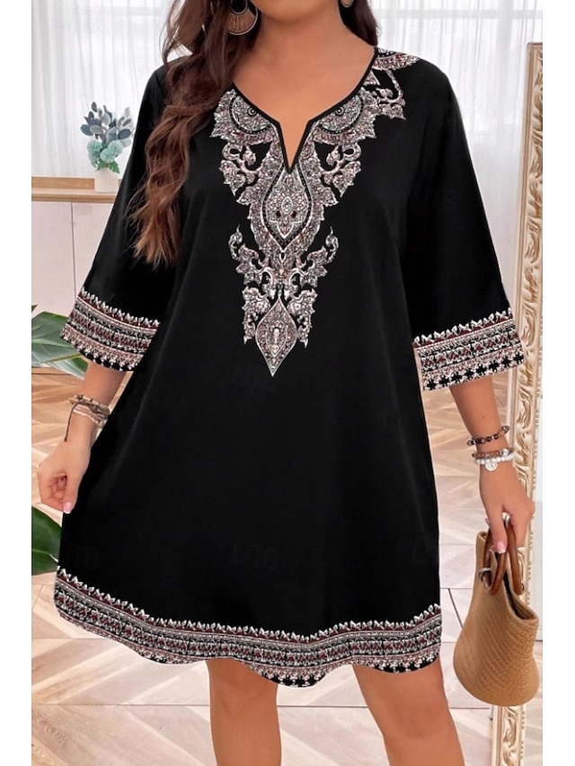  Femmes Mini Robe Robe bohème Robe Imprimée Mode Classique Quotidien Plage Week-end Coupe régulière Fleur Demi Manches Col en V Noir Été