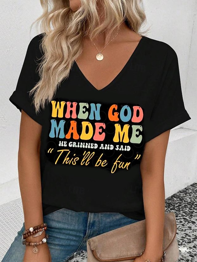  Pentru femei Tricou Grafic Scrisă Casual Manșon scurt În V Topuri obișnuite Zilnic Sfârșit de săptămână Imprimeu Negru Alb Verde Deschis Roz Îmbujorat Vară GOD