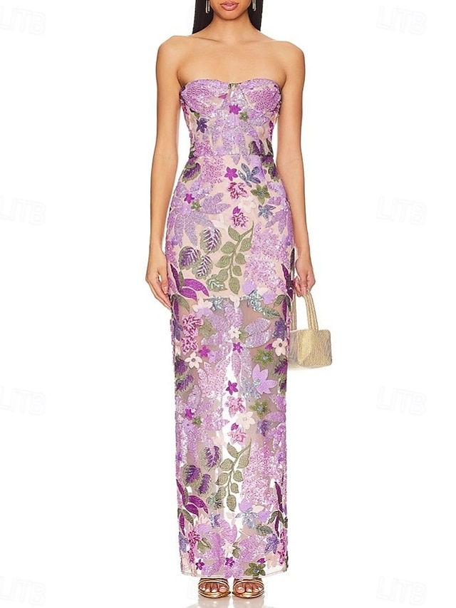  Sheath  Säulen Hochzeit Gast Kleider Elegantes Kleid Performance Hochzeit Bodenlang Ärmellos Strapless Spitze Rückenfrei mit Glitzer Pailletten Schlitz