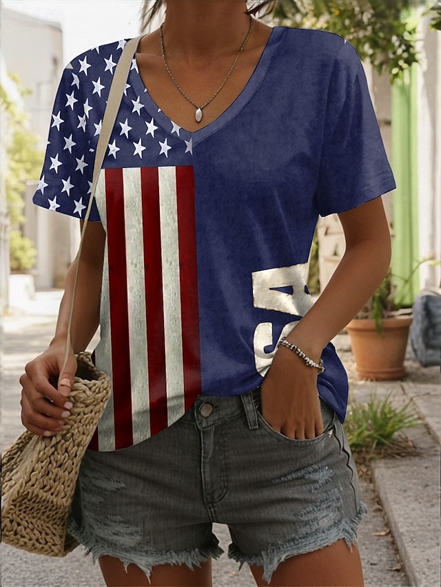  Bluză patriotică pentru Ziua Independenței Femei Patriot Veteran Tricou de 4 Iulie Steag Casual Roșu Alb și Albastru Mâneci scurte Gât în V Topuri regulate Zilnic Print albastru Vară Primăvară