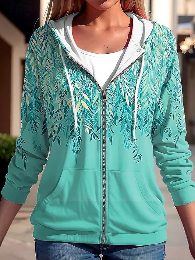 Women's Hooded Sweatshirt Jacket Long Sleeve Zip Up Hoodie With Pocket Lightweight Casual Micro-elastic Oversized Floral Active Vintage Sports Drawstring Front Pocket Blue Fuchsia Green Spring Fall4