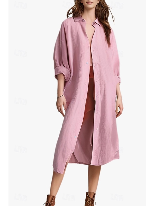  Per donna Abito Midi Abito Camicia Abito in cotone e lino Moda Essenziale Classico Vacanza Ferie Uscire Vestibilità regolare Semplice Manica Lunga Colletto a Camicia Nero Bianco Verde chiaro Rosa